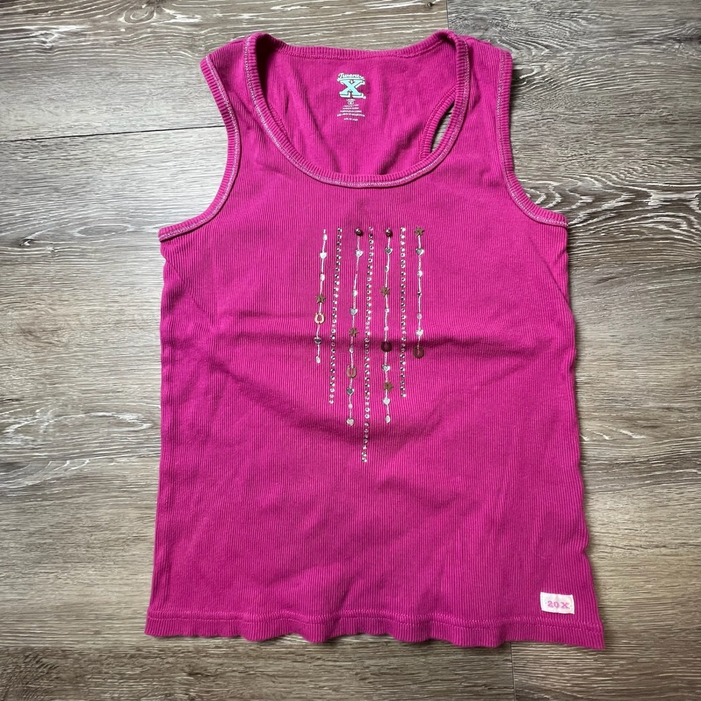 Y2k tank Top Women Medium Pink Rhinestone Horseshoe Western Ribbed Racerback